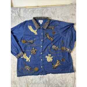 TanTrums Denim Shirt 4X Cat Embroidered Button Up Leopard Print Collar Cuffs
